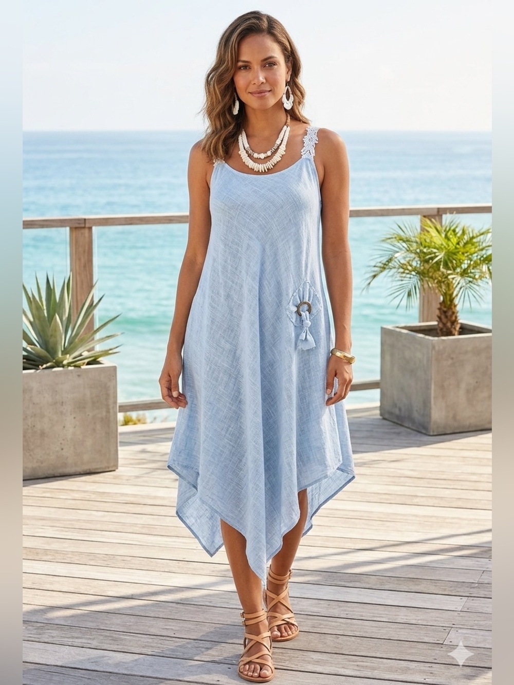 Coastal Resort Midi Dress Cotton Light Blue Crochet Lace Medallion Back S/M